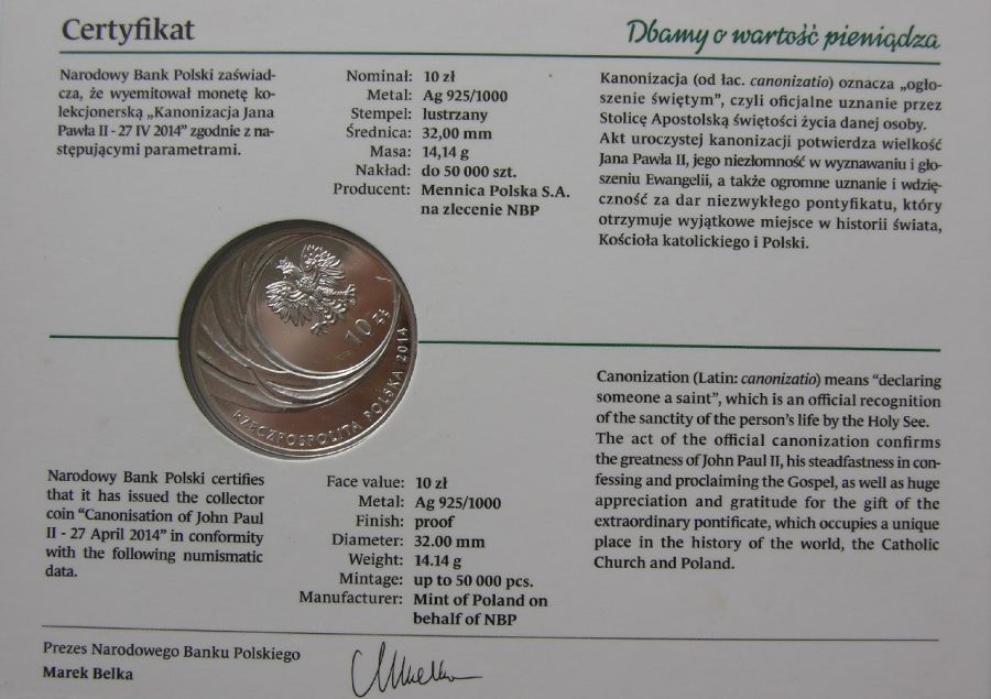 10 zlotych - Kanonizacja Jana Pawla II