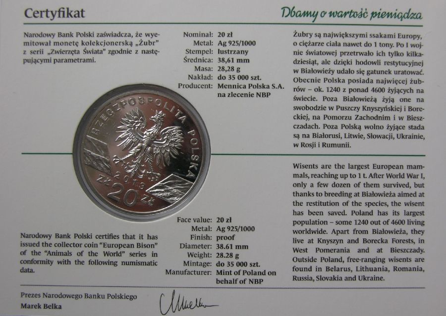 20 zlotych - Zwierzeta swiata - Zubr