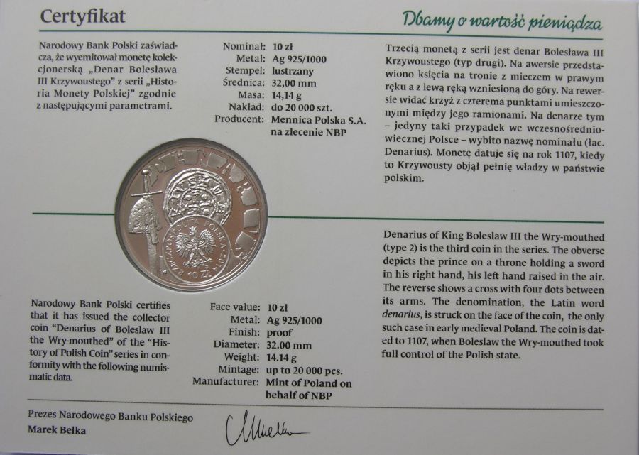 10 zlotych - Historia Monety Polskiej - denar Boleslawa Krzywoustego