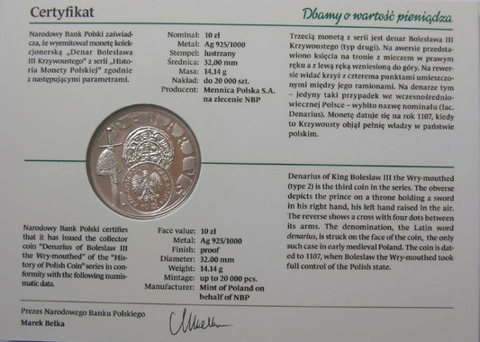 10 zlotych - Historia Monety Polskiej - denar Boleslawa Krzywoustego