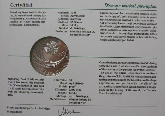 10 zlotych - Kanonizacja Jana Pawla II