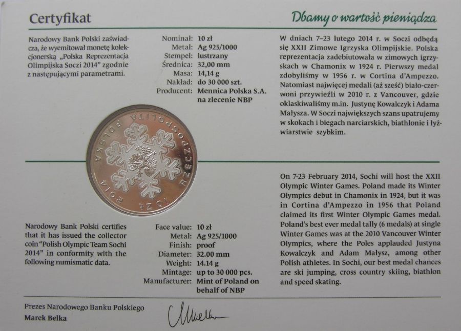 10 zlotych - Polska reprezentacja olimpijska - Soczi 2014