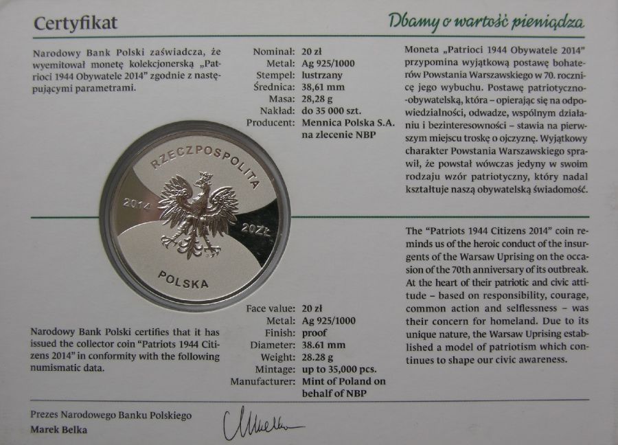 20 zlotych - Patrioci 1944 Obywatele 2014
