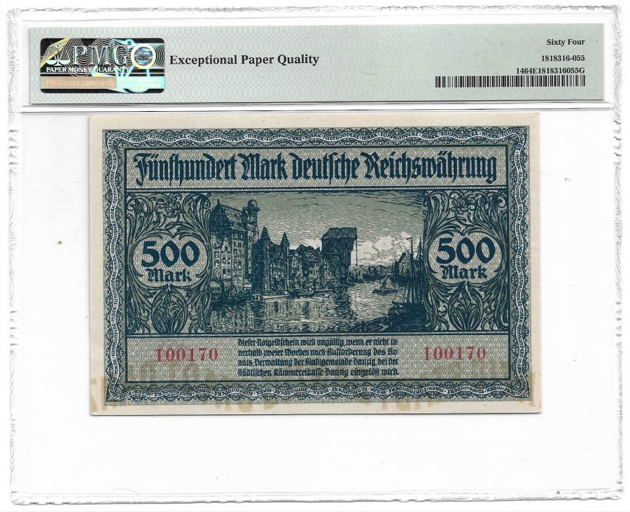 Wolne Miasto Gdansk - 500 marek 1922 r. - Klasyfikacja PMG 64 EPQ